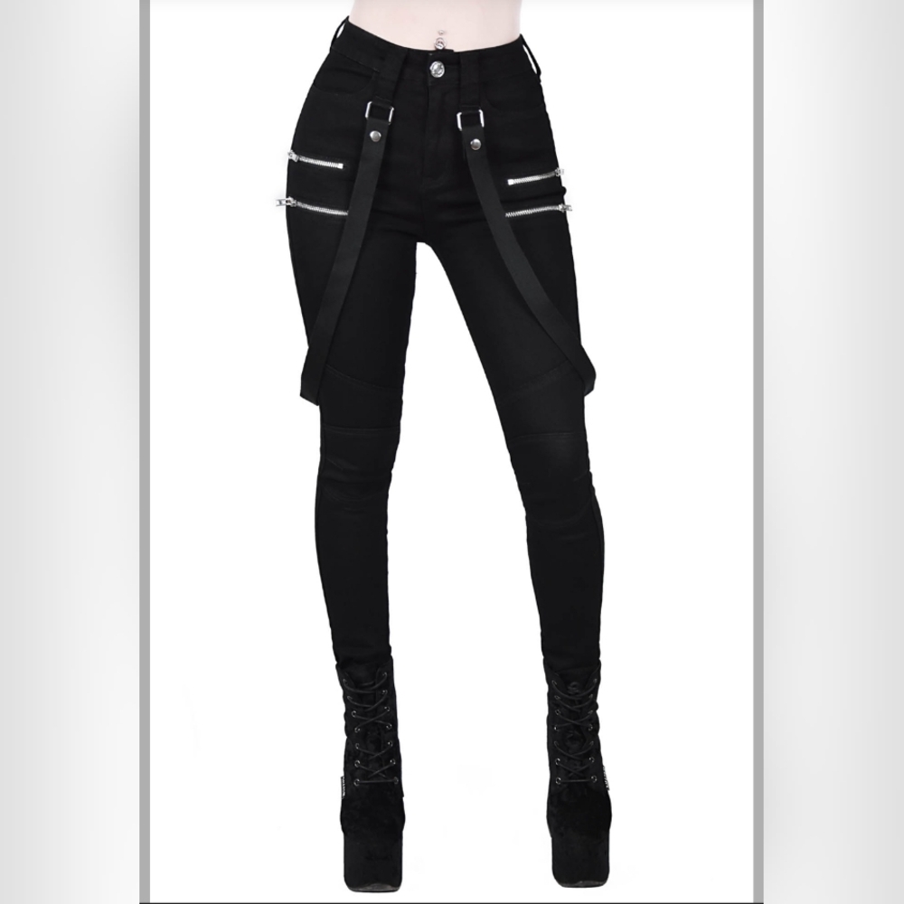 Killstar Warfare skinny jeans LARGE with zips and removable straps